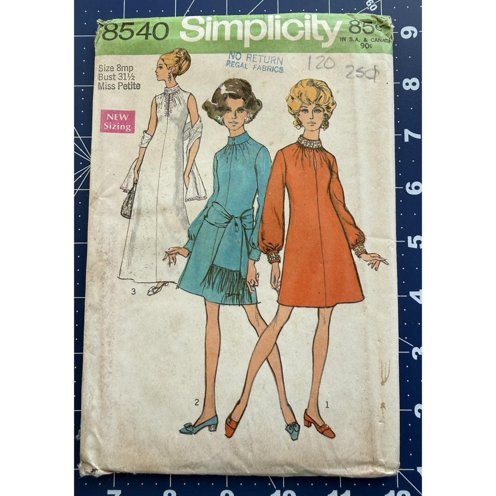VTG Simplicity 8540 Pattern Miss Petite Dress In 2-Lengths Sash Or Stole Size 8